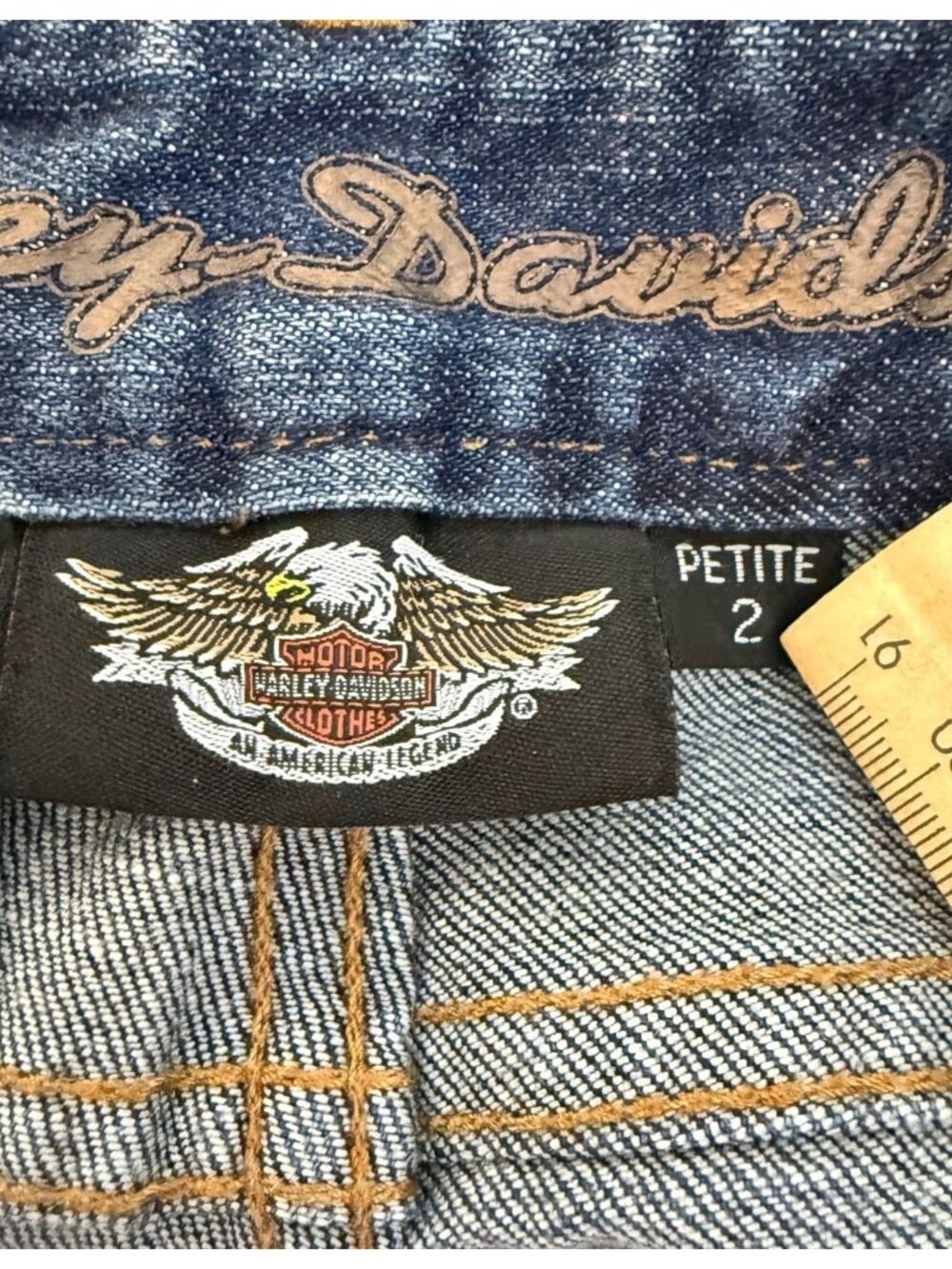 Harley Davidson Blue Denim Bootcut Stretch Jeans Womens Size Petite 2 - Picture 9 of 12